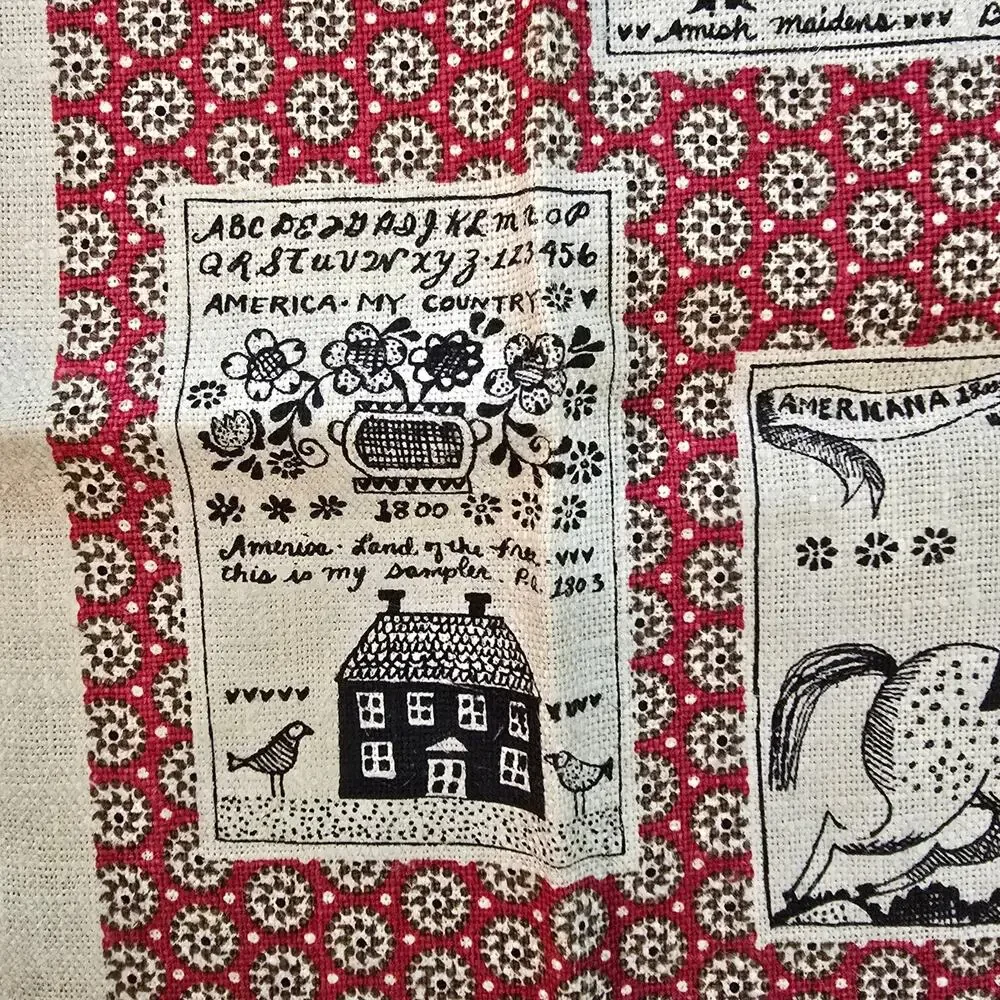 Vintage Kay Dee Hand Prints Linen Kitchen Towel Pat Ahern Amish Folk Art Red